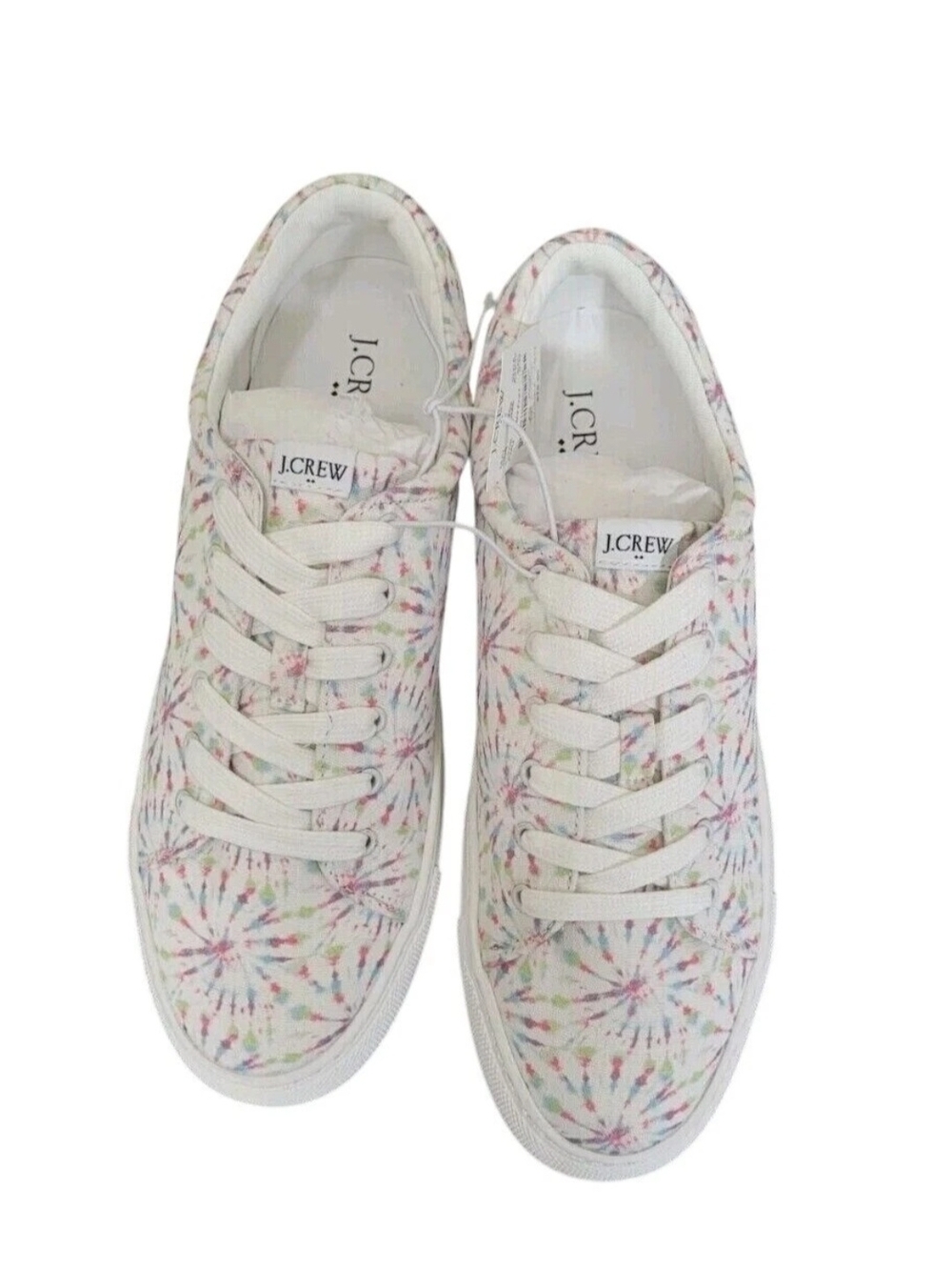 J. Crew Womens 8.5 White Canvas Sneakers with Multicolor Tie-Dye Starburst